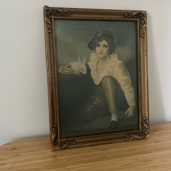 Antique Framed Lithograph of Boy with Rabbit - Picture 2 of 7